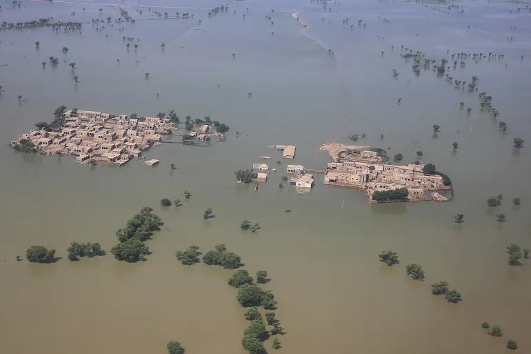 Aerial photograph taken on September 1, 2022 shows a flooded area in Dadu [Husnain Ali/AFP]