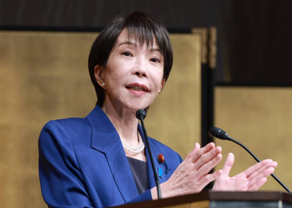 Prime Minister Sanae Takaichi delivers a speech in Tokyo Thursday. PHOTO File JIJI