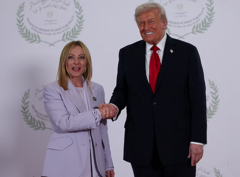 U.S. President Donald Trump and Italian Prime Minister Giorgia Meloni in Sharm el-Sheikh, Egypt, October 13, 2025. REUTERSSuzanne PlunkettPoolFile Photo