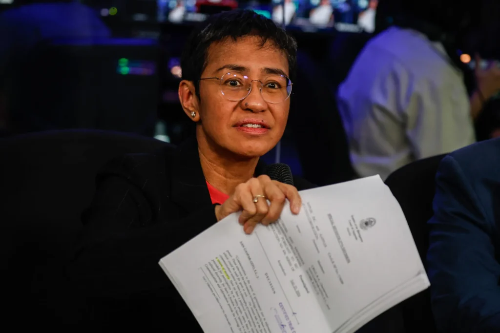 Maria Ressa, Rappler CEO and Nobel Peace Prize winner, addresses a press conference on August 9, 2024, celebrating the Court of Appeals’ ruling directing the Securities and Exchange Commission / Photo File Rappler news