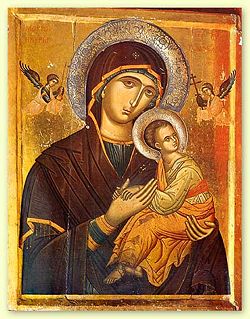 This image depicts a 16th-century Eastern Orthodox icon of the Virgin Mary, known as the Theotokos holding the Child Jesus. In the Eastern Orthodox tradition, this specific icon is called the "Mother of God of the Passion," while in the West, it is commonly known as "Our Lady of Perpetual Help. PHOTO FILE WORLD ENCYCLOPEDIA