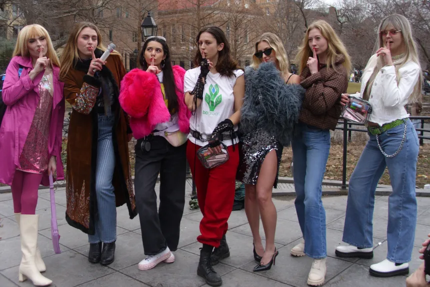 Hosted by superfan Danielle Vuono (far left), six fans of Miley Cyrus — and Hannah Montana — compete in a Miley Look-Alike Contest on March 7, 2024, in New York City's Washington Square Park. Danielle Vuono